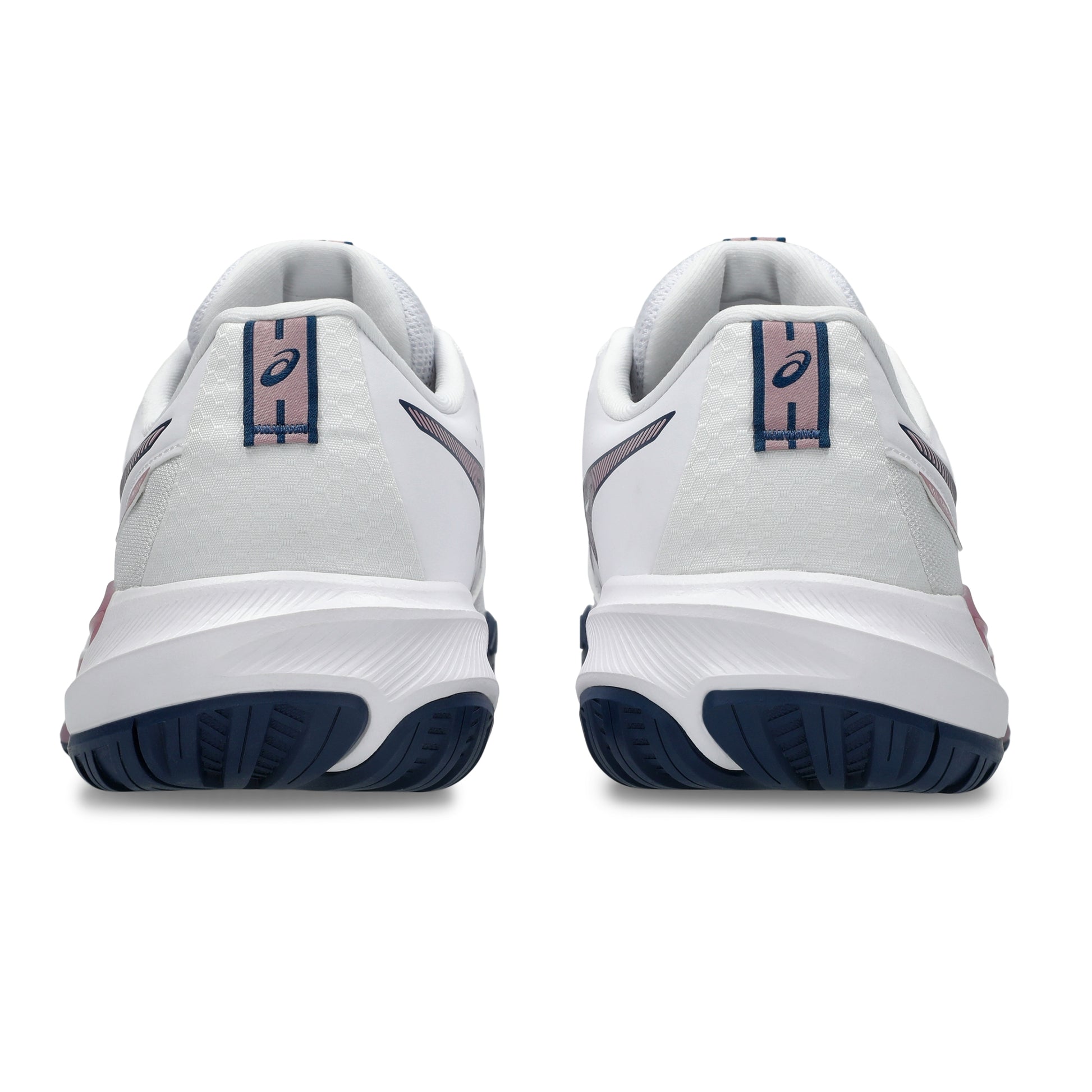 A pair of Asics tennis shoes shown from the rear, featuring a white upper with navy blue outsoles and heel tabs, and a light pink accent stripe on the heel tabs.