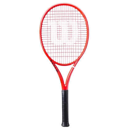 A red Wilson tennis racket with white strings and a black grip, shown vertically against a plain white background.