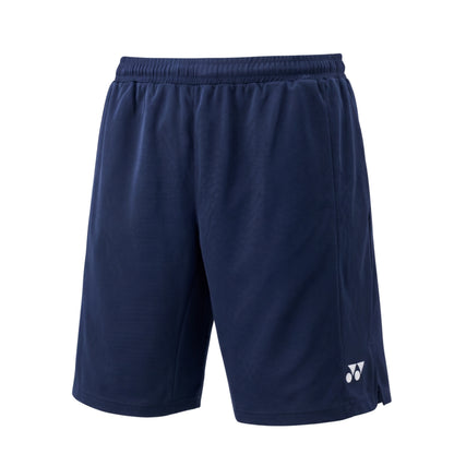 Navy Yonex shorts with a brand logo on a white background