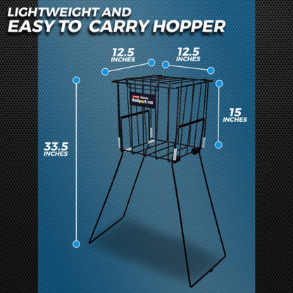 Lightweight and easy to carry ball basket with dimensions on a blue background