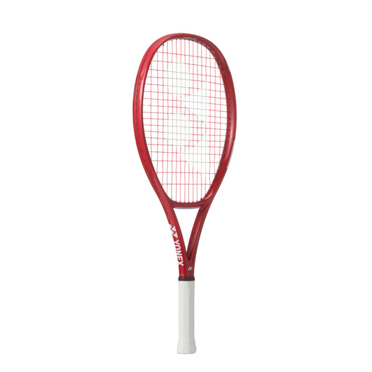 Red Yonex tennis racket with white handle on a white background