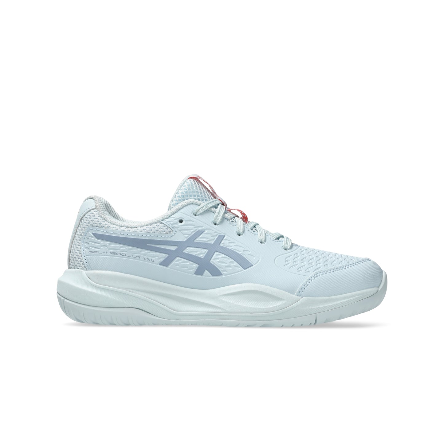 Light blue tennis shoe with red accents on a white background