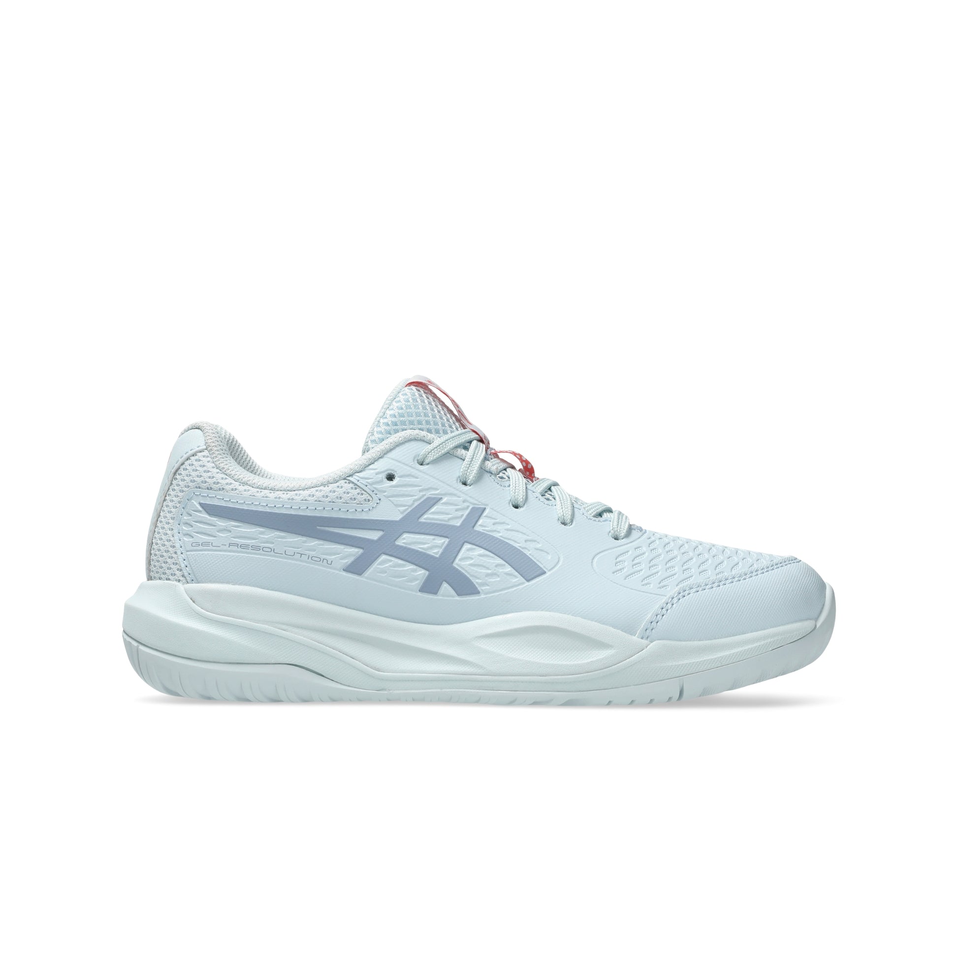 Light blue tennis shoe with red accents on a white background