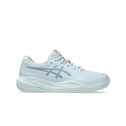 Light blue tennis shoe with red accents on a white background