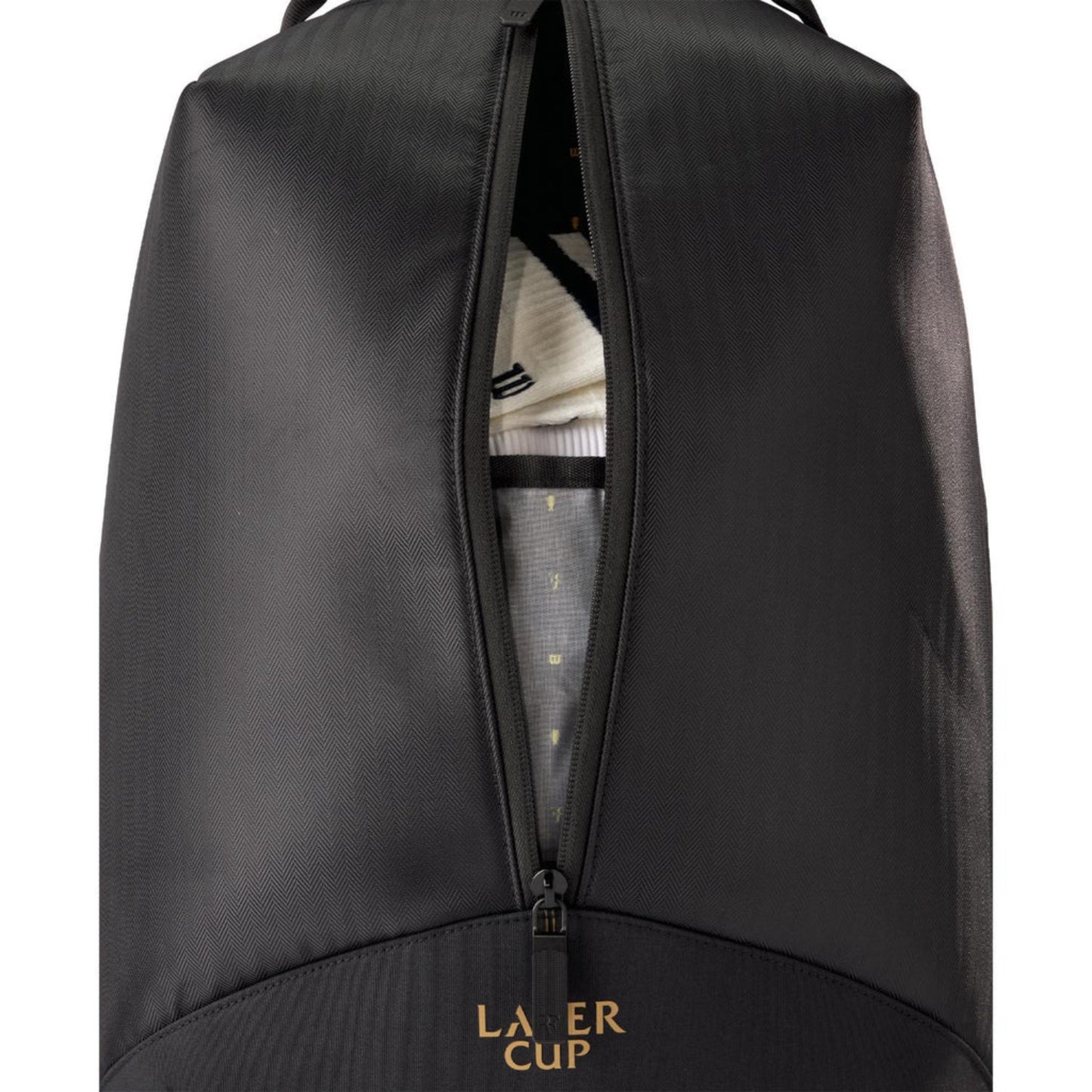 Black duffel bag with 'Laser Cup' branding on a white background