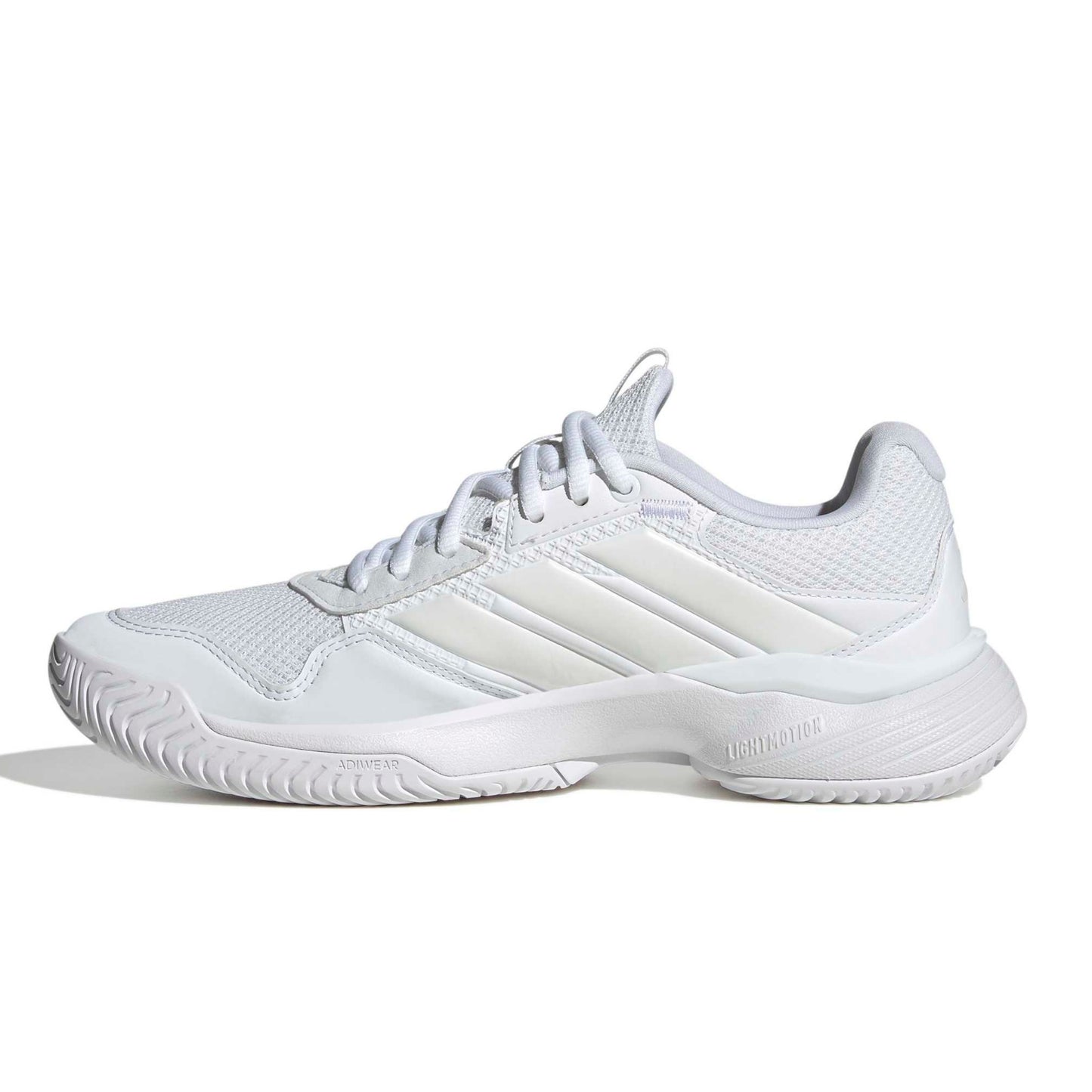 A white Adidas tennis shoe shown from the side profile against a clean white background.
