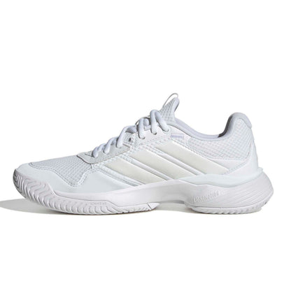 A white Adidas tennis shoe shown from the side profile against a clean white background.
