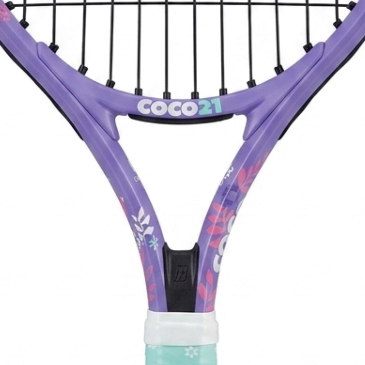 Close-up of a purple Head tennis racket with floral graphics, black strings, and the brand name 'COCO 21' on the throat, shown against a white background.