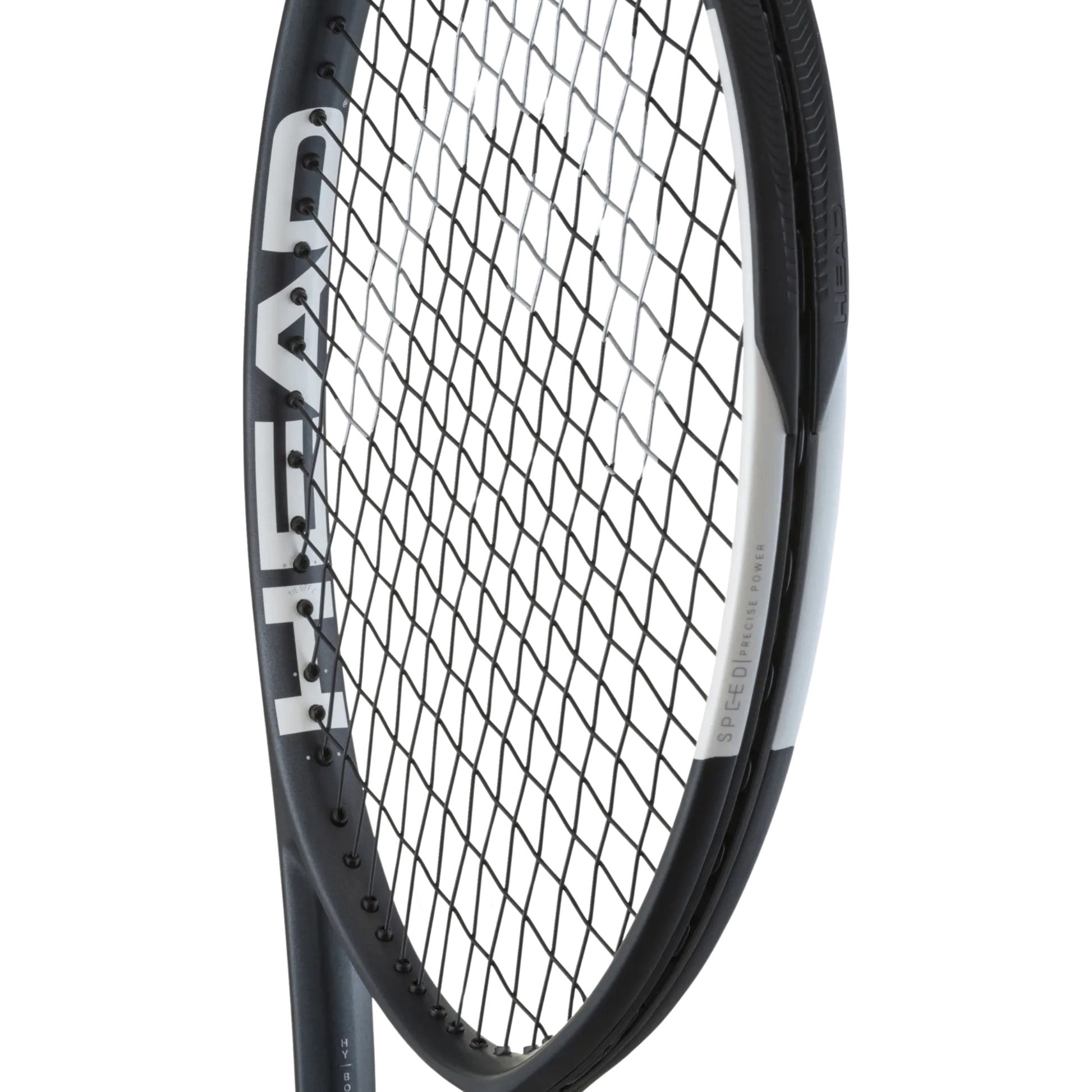 Close-up of a tennis racket with a white background