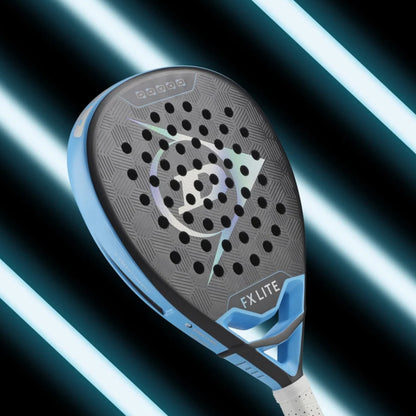 Dunlop padel racket with FX Lite branding on a dark background with light stripes