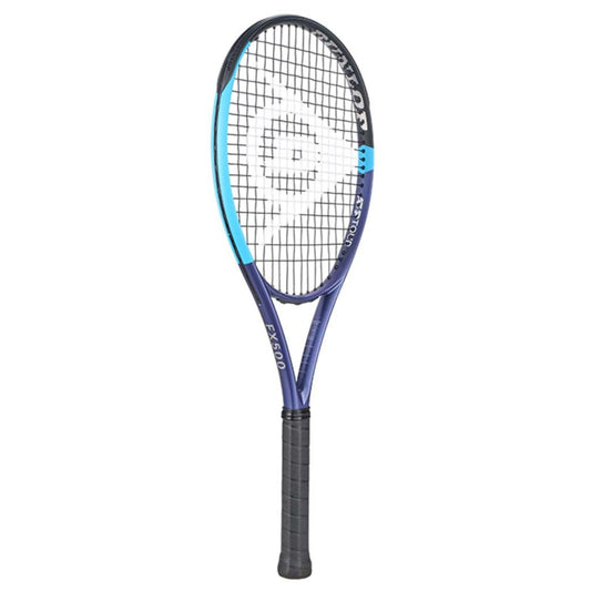 Dunlop tennis racket with a blue frame and black handle on a white background