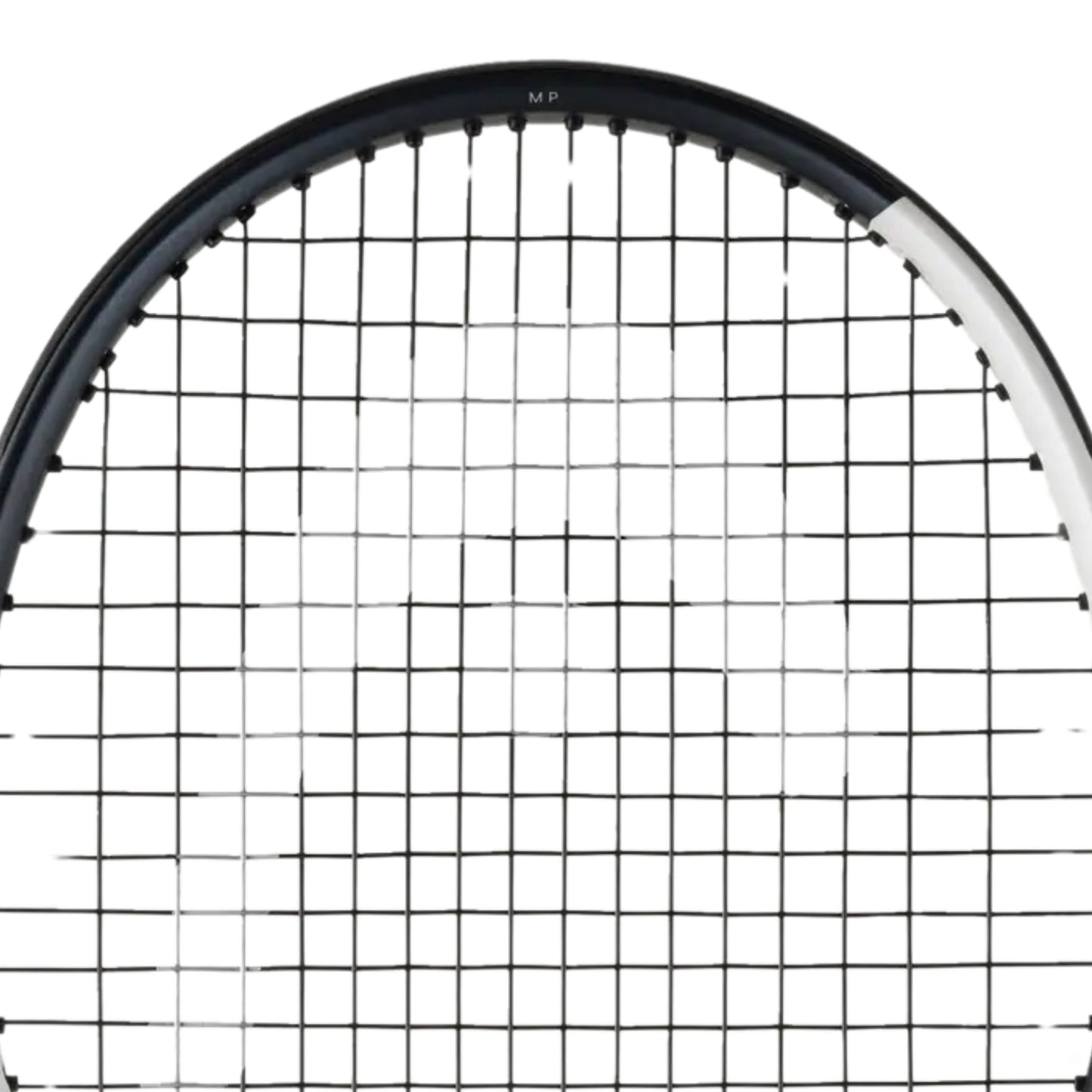 Close-up of a tennis racket frame with the wording MP on a white background