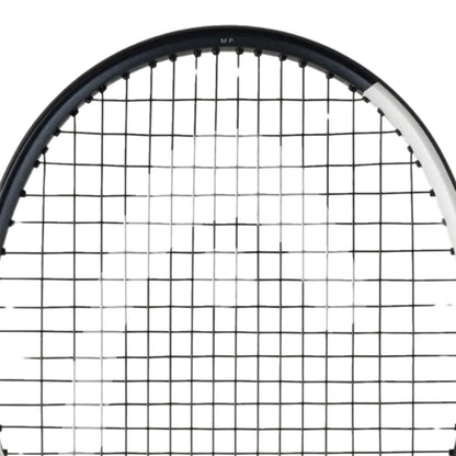 Close-up of a tennis racket frame with the wording MP on a white background