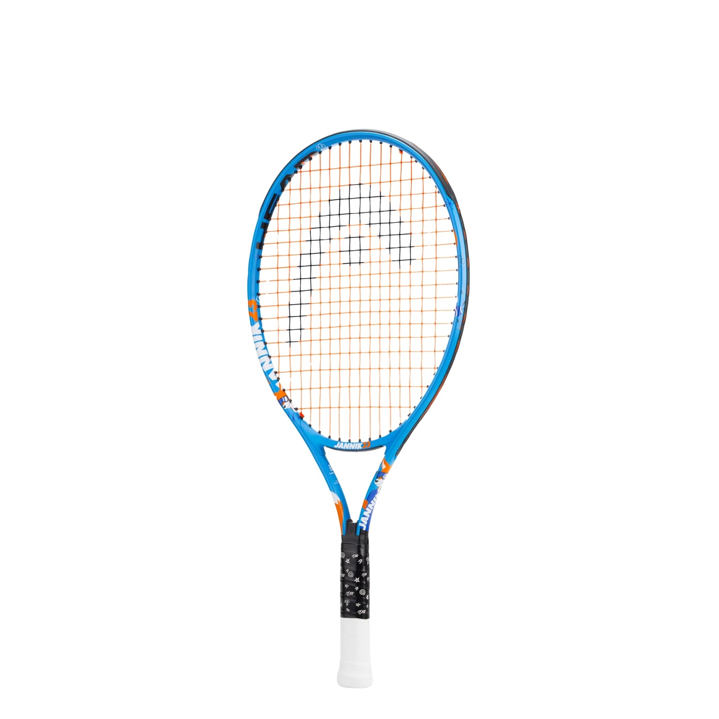A Head tennis racket with a blue frame, orange strings, and a black and white grip, shown vertically against a plain white background.