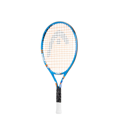 A Head tennis racket with a blue frame, orange strings, and a black and white grip, shown vertically against a plain white background.