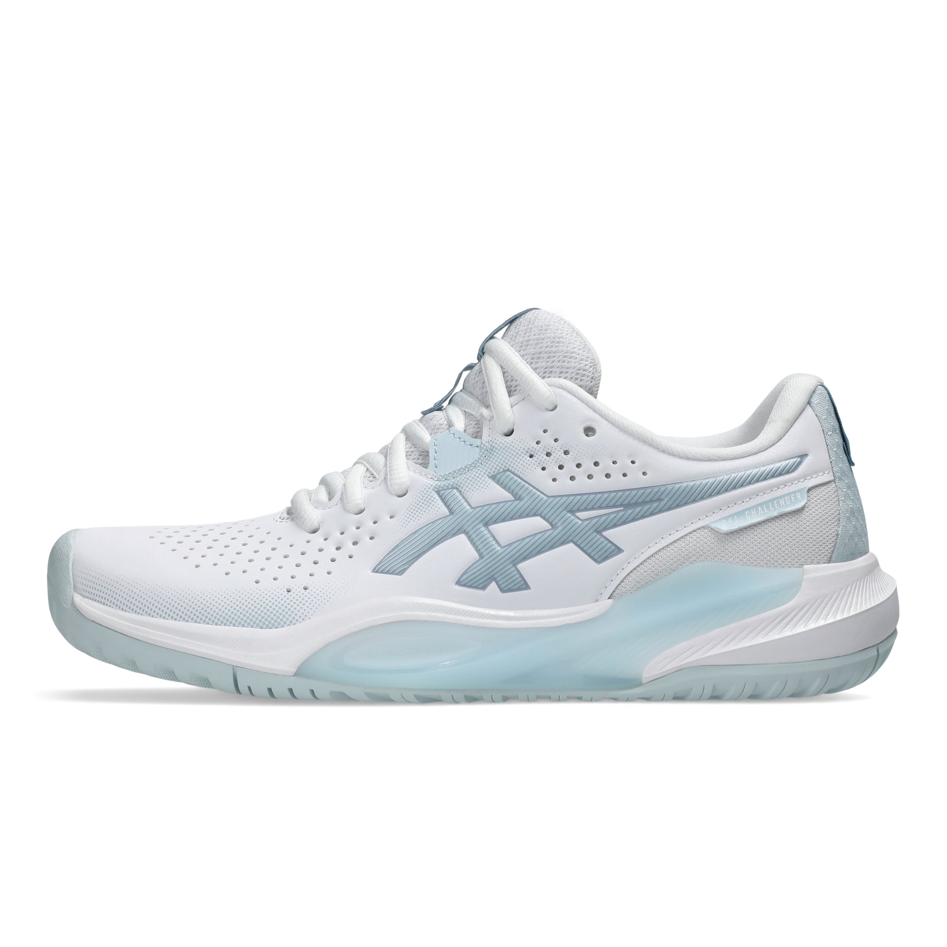 White and blue Asics shoe on a white background