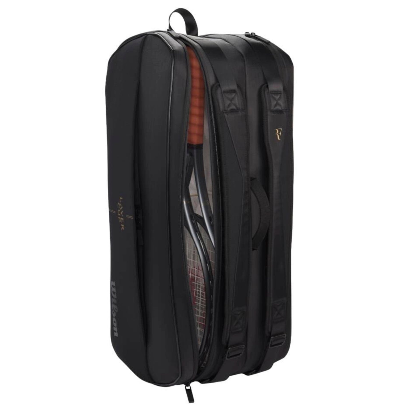 Black tennis bag with a clear compartment showing a shoe inside on a white background
