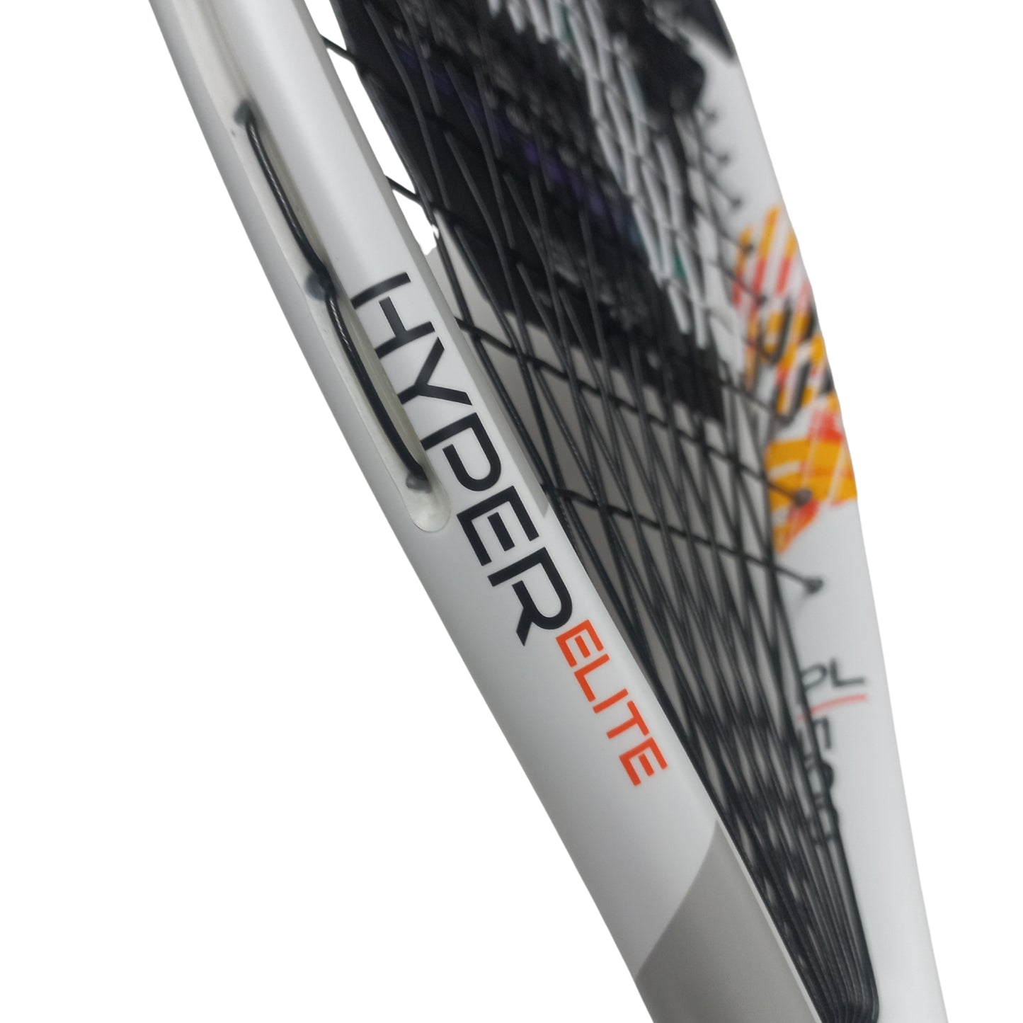 Close-up of a Prince squash racket with branding Hyper Elite on a white background