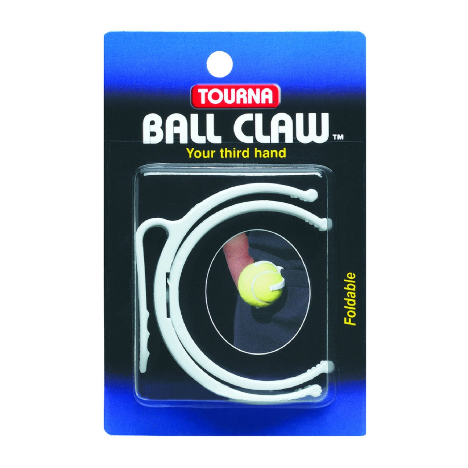 Packaged Tourna Ball Claw with a tennis ball on a white background