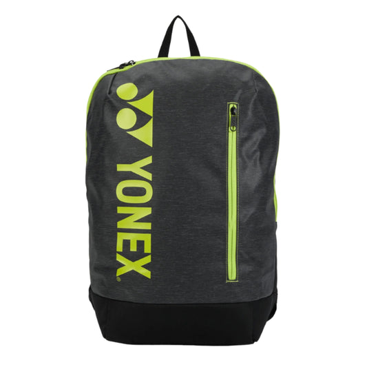 Gray backpack with yellow accents and Yonex logo on a white background