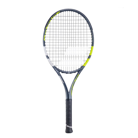 Tennis Babolat racket with a black and yellow design on a white background