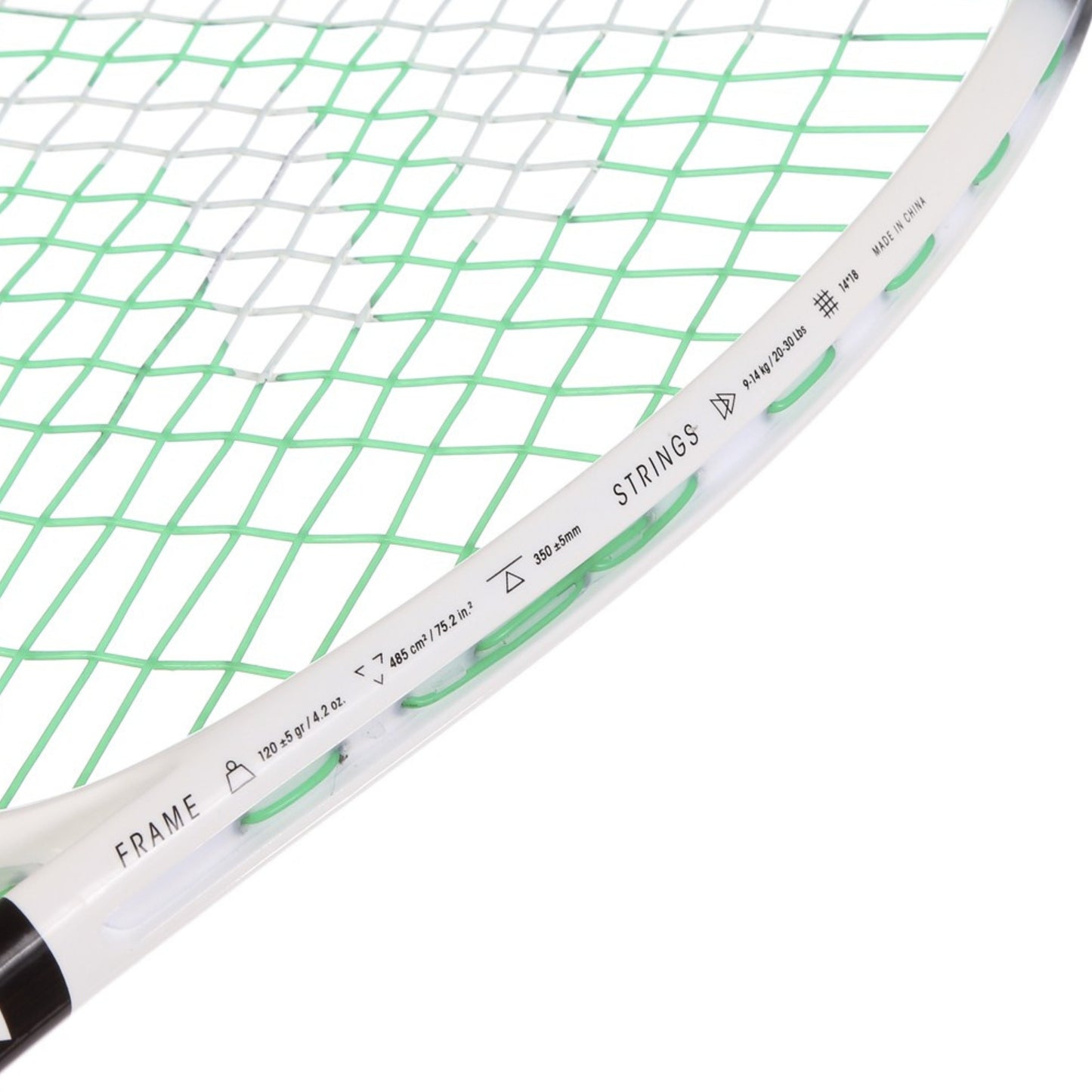 Close-up of a Tecnifibre squash showing the white frame, green strings, and printed technical specifications on the racket shaft against a white background.