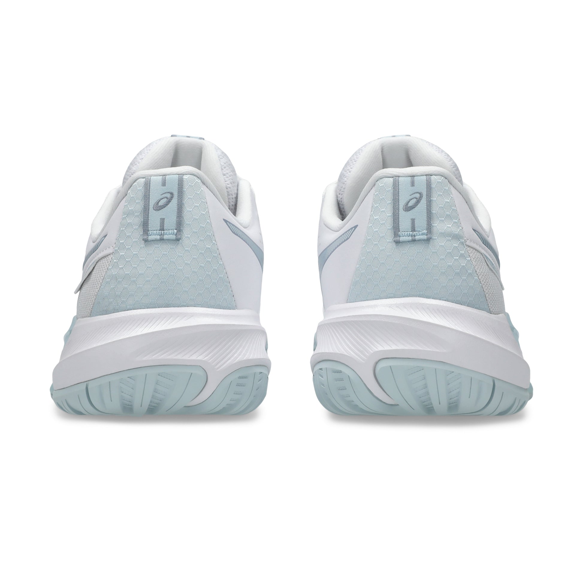 Back view of Asics shoes with Asics logo on a white background