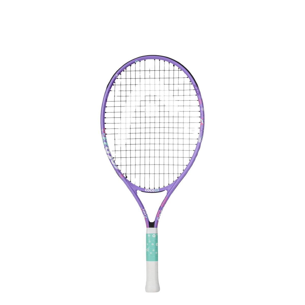 A Head tennis racket with a purple frame, black strings, and a white grip with a mint green accent, shown against a plain white background.