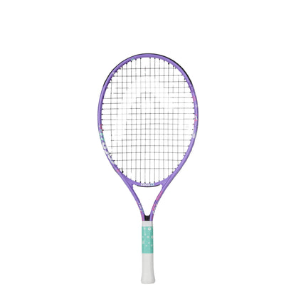 A Head tennis racket with a purple frame, black strings, and a white grip with a mint green accent, shown against a plain white background.
