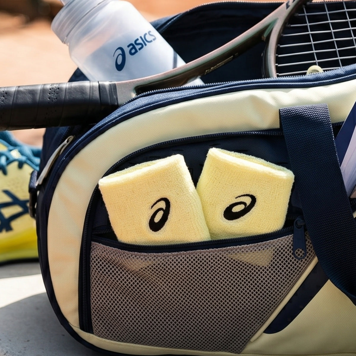 Tennis bag with tennis rackets, towels, and Asics products.