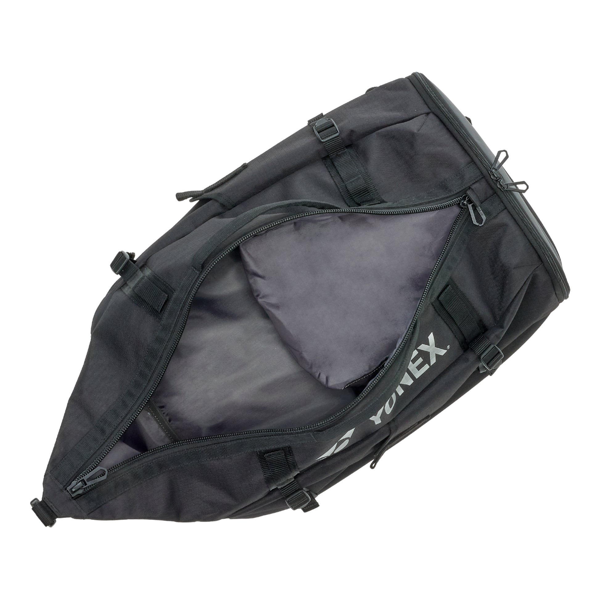 Black tennis bag with visible Yunex branding on a white background