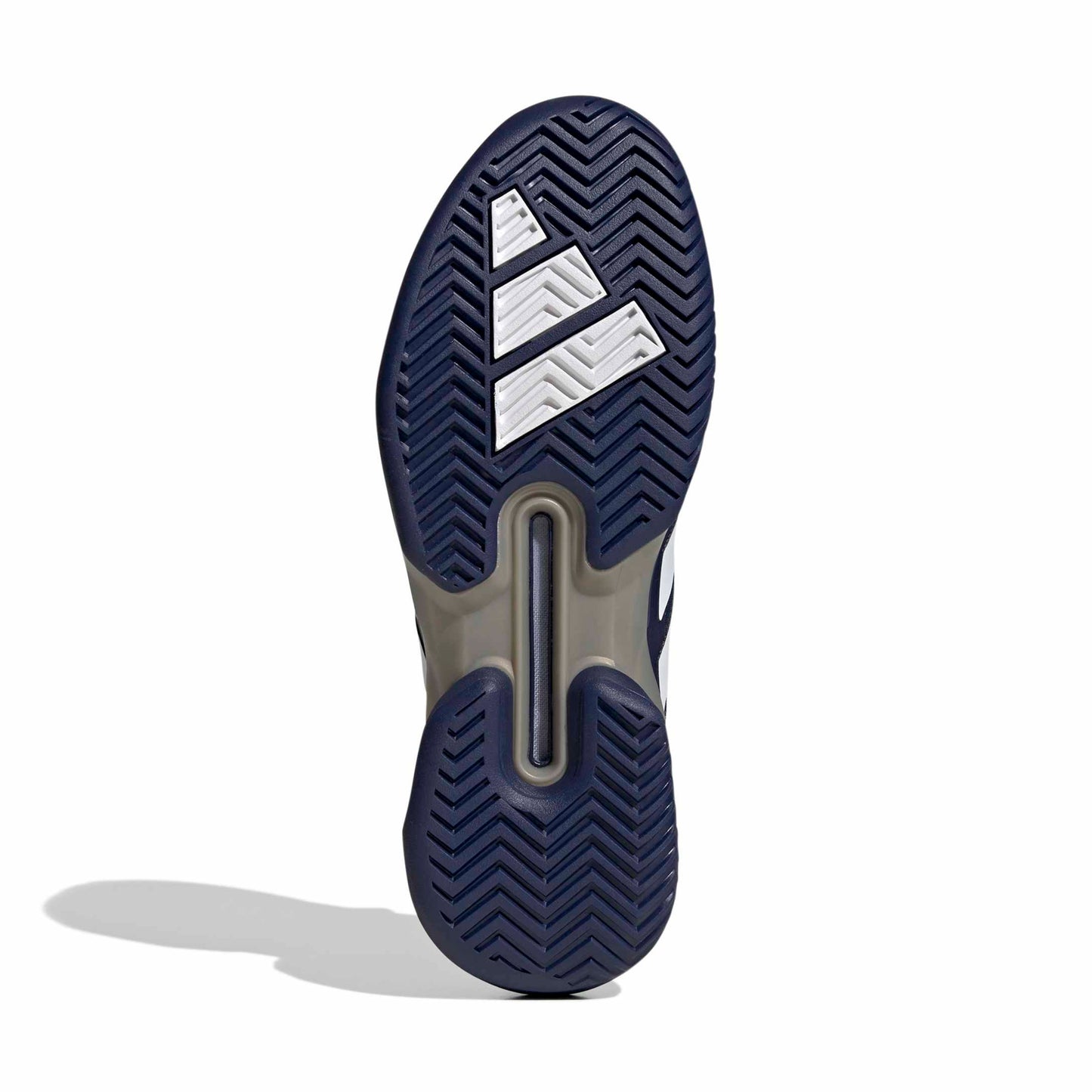 Navy blue adidas tennis shoe sole with white three-stripe logo on a white background