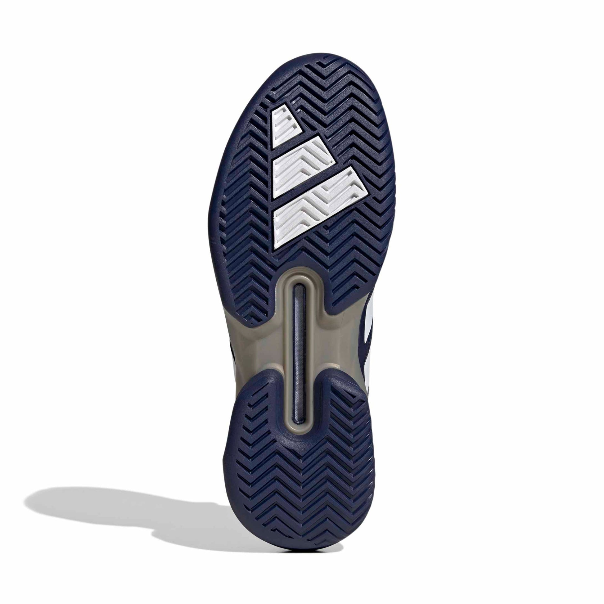 Navy blue adidas tennis shoe sole with white three-stripe logo on a white background
