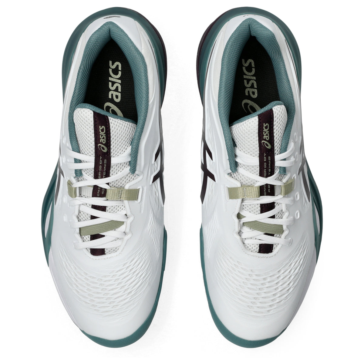 A pair of ASICS tennis shoes shown from a top-down view, featuring a white mesh upper with teal accents, white laces, and a dark teal and black interior.