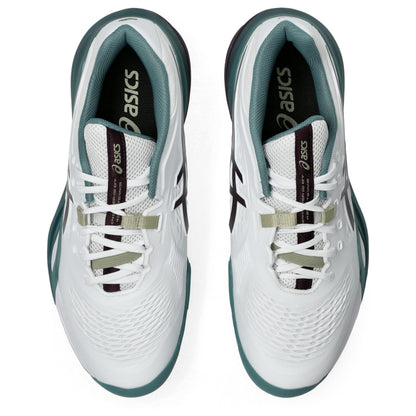 A pair of ASICS tennis shoes shown from a top-down view, featuring a white mesh upper with teal accents, white laces, and a dark teal and black interior.