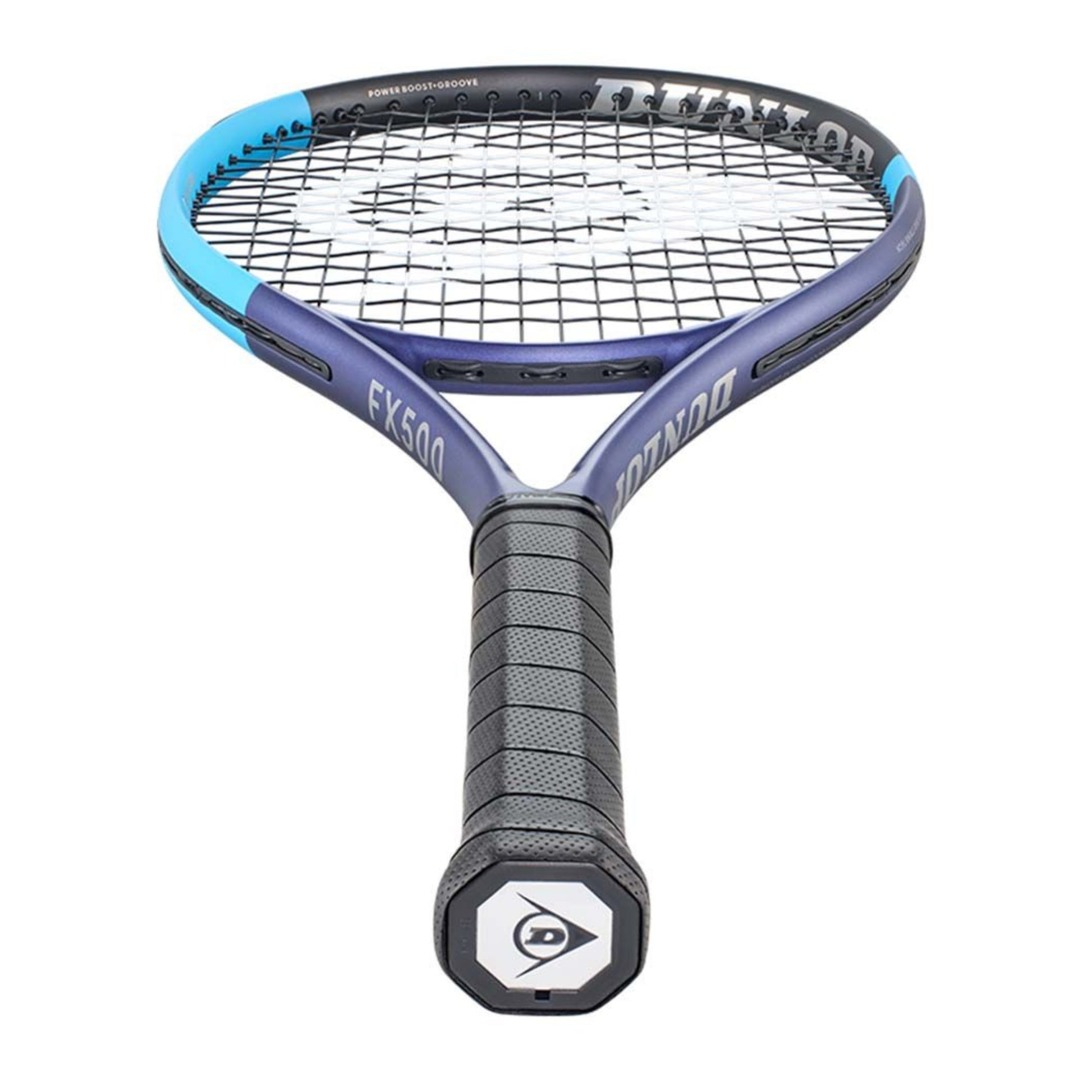 Dunlop tennis racket with blue frame and black handle on a white background