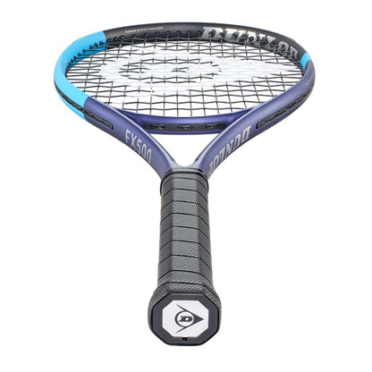 Dunlop tennis racket with blue frame and black handle on a white background
