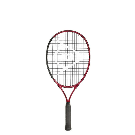 Dunlop tennis racket with red frame and black handle on a white background