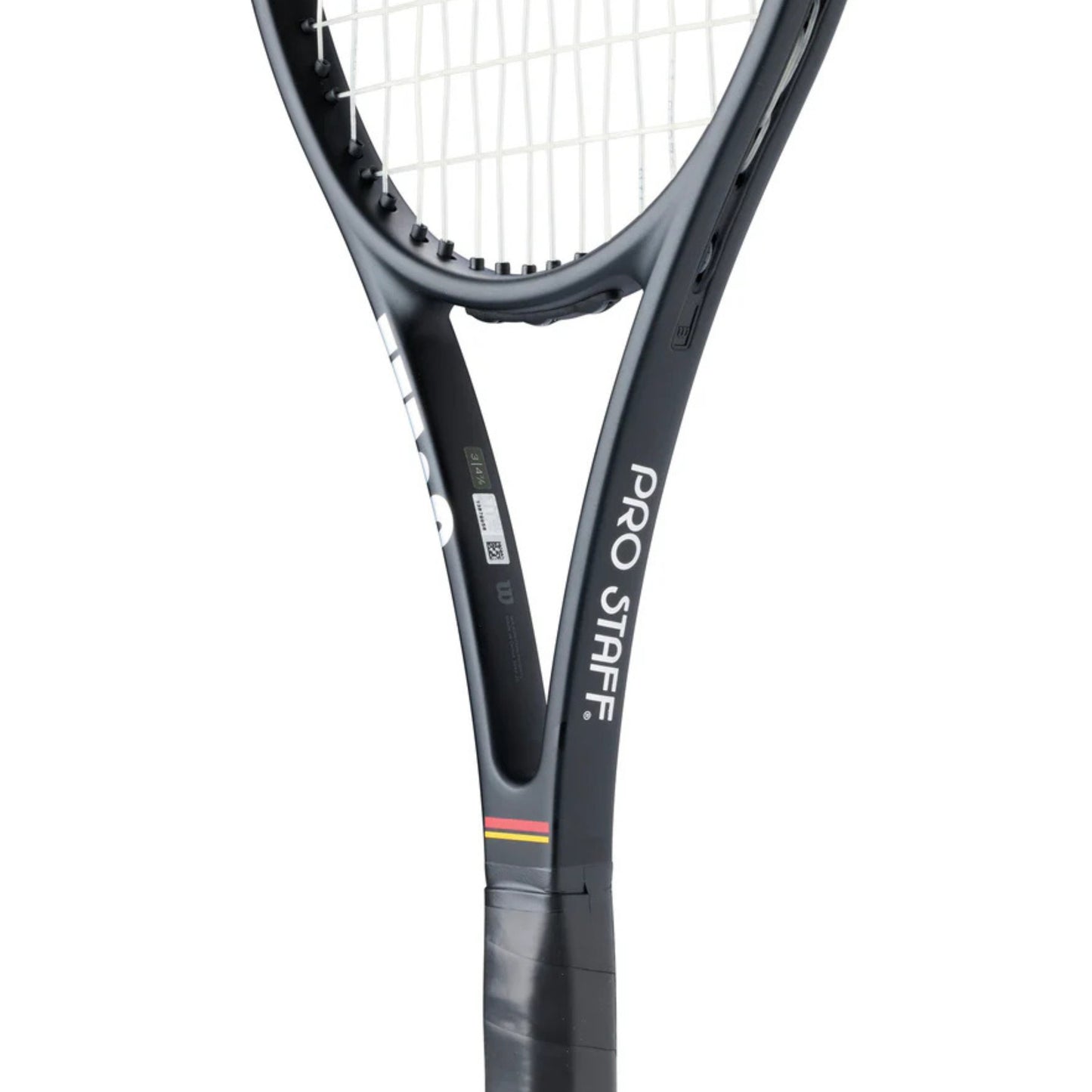 Close-up of a tennis racket with 'Pro Staff' branding on a white background