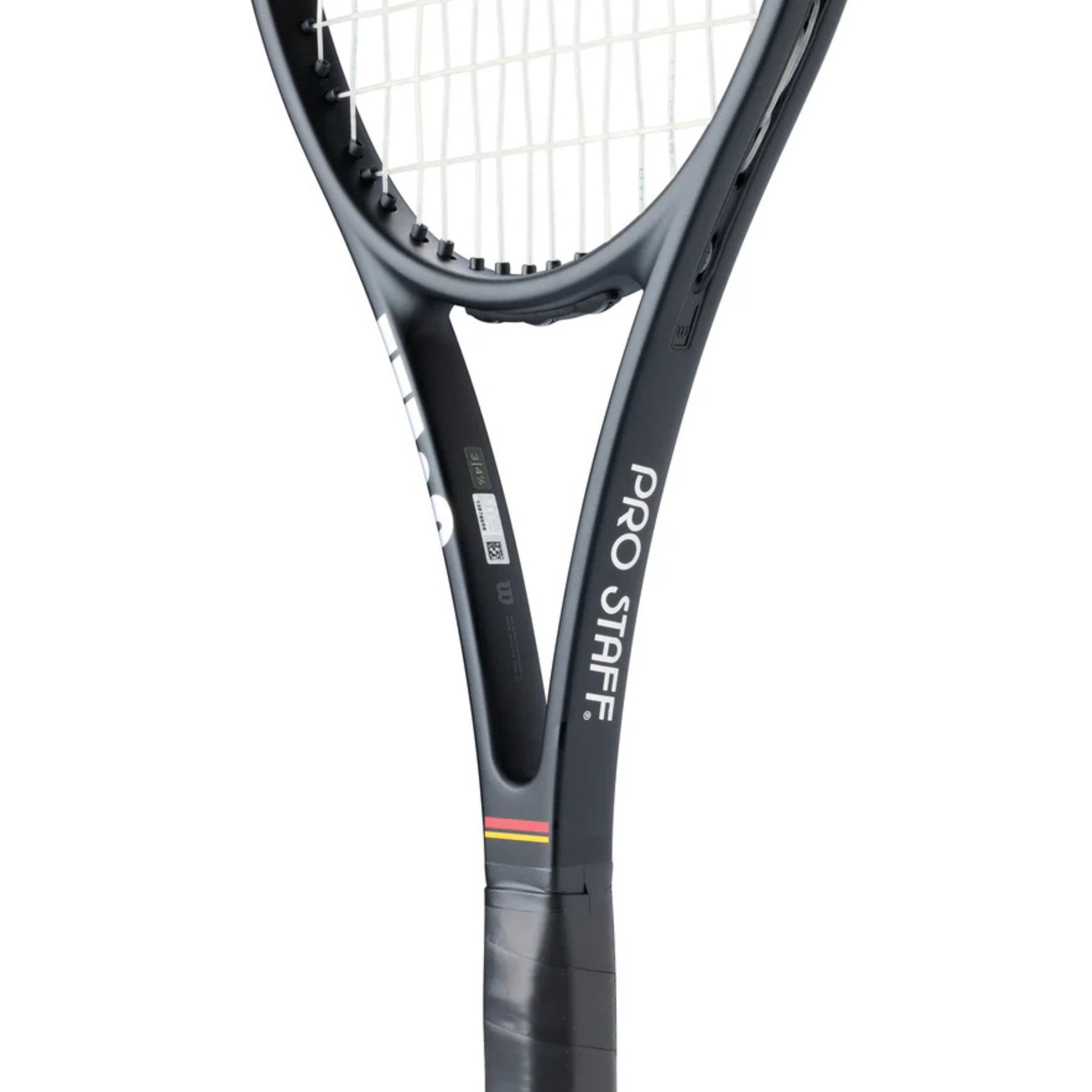 Close-up of a tennis racket with 'Pro Staff' branding on a white background