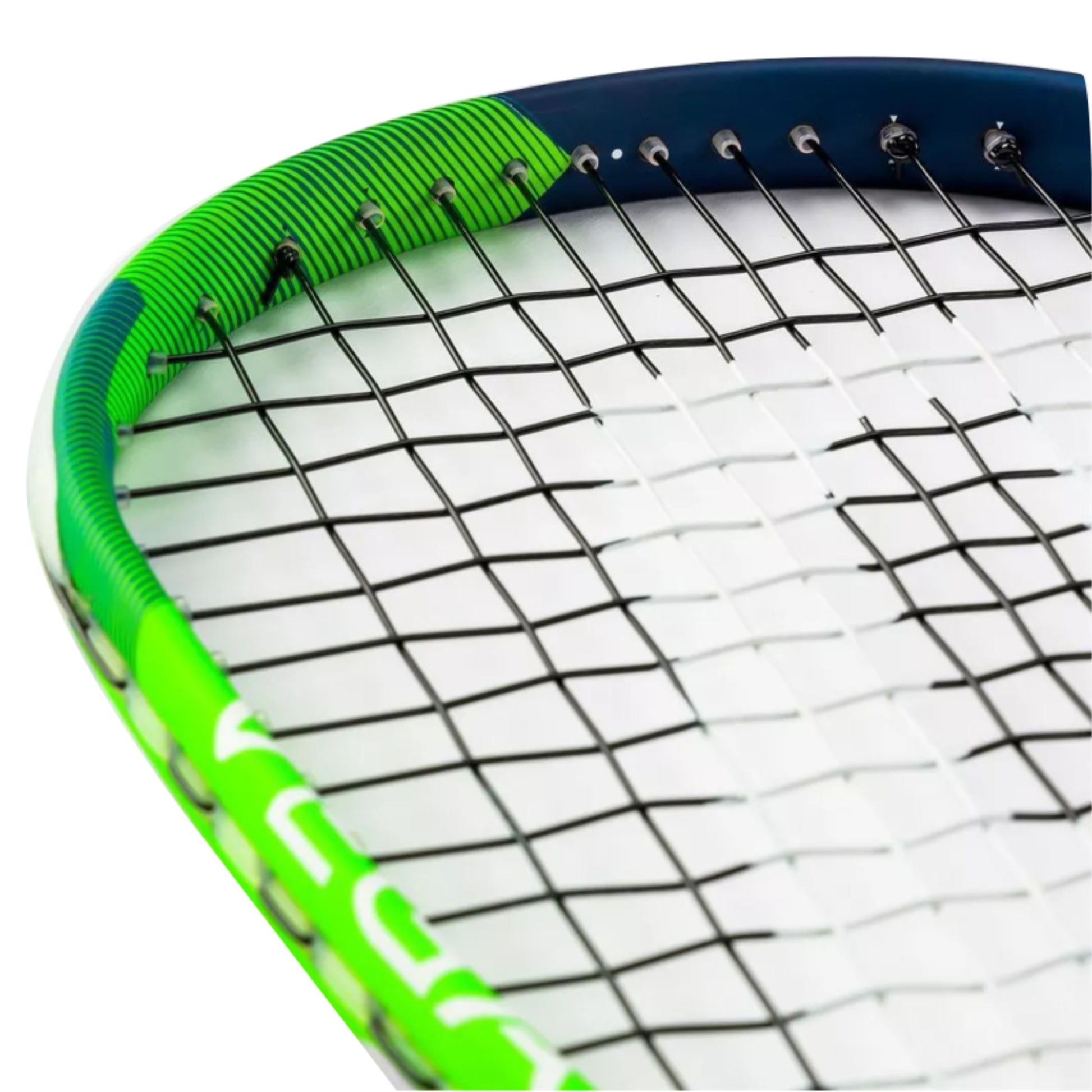 Close-up of a Prince squash racket with green frame and white strings on a white background