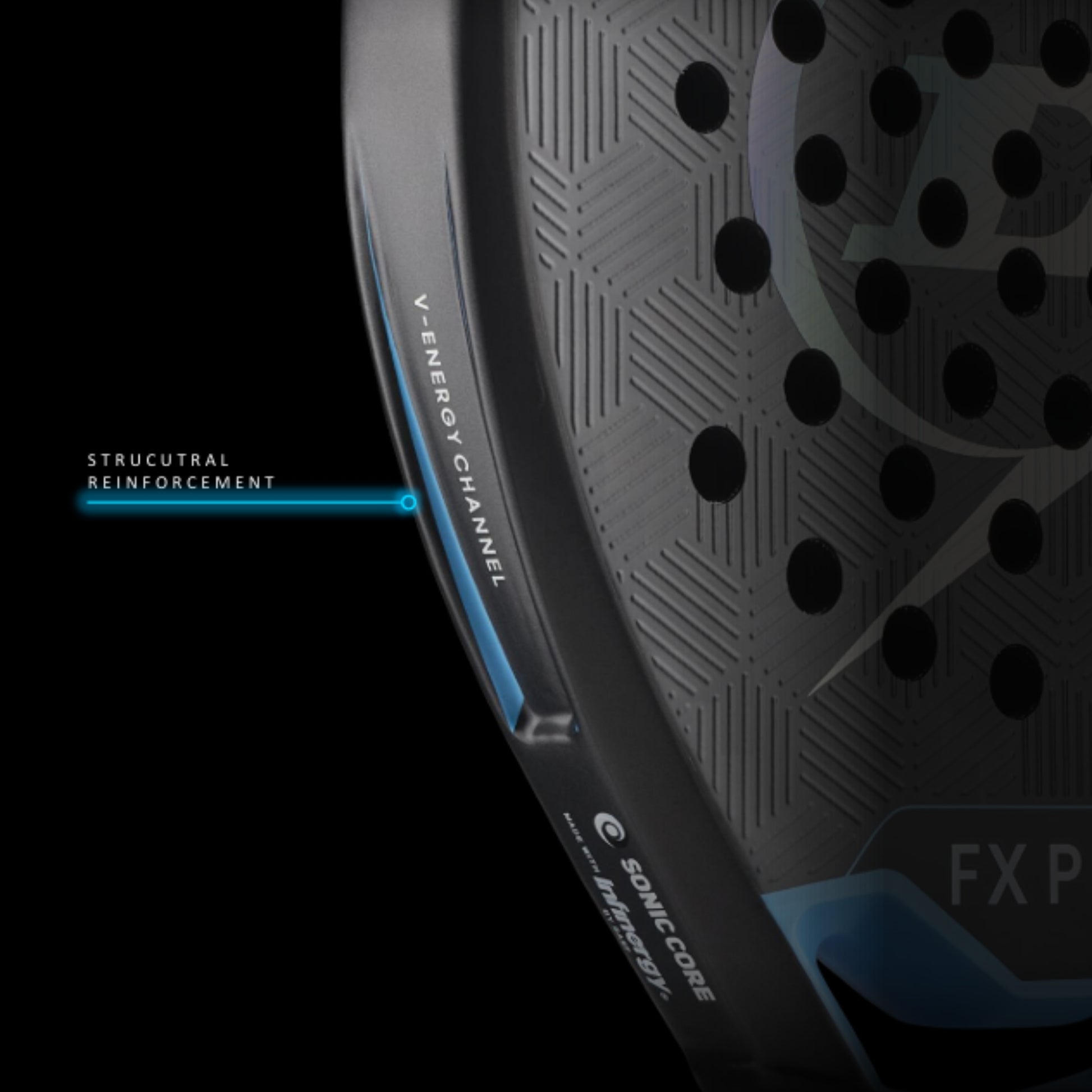 Close-up of a black and blue Dunlop padel racket with text labels on a dark background