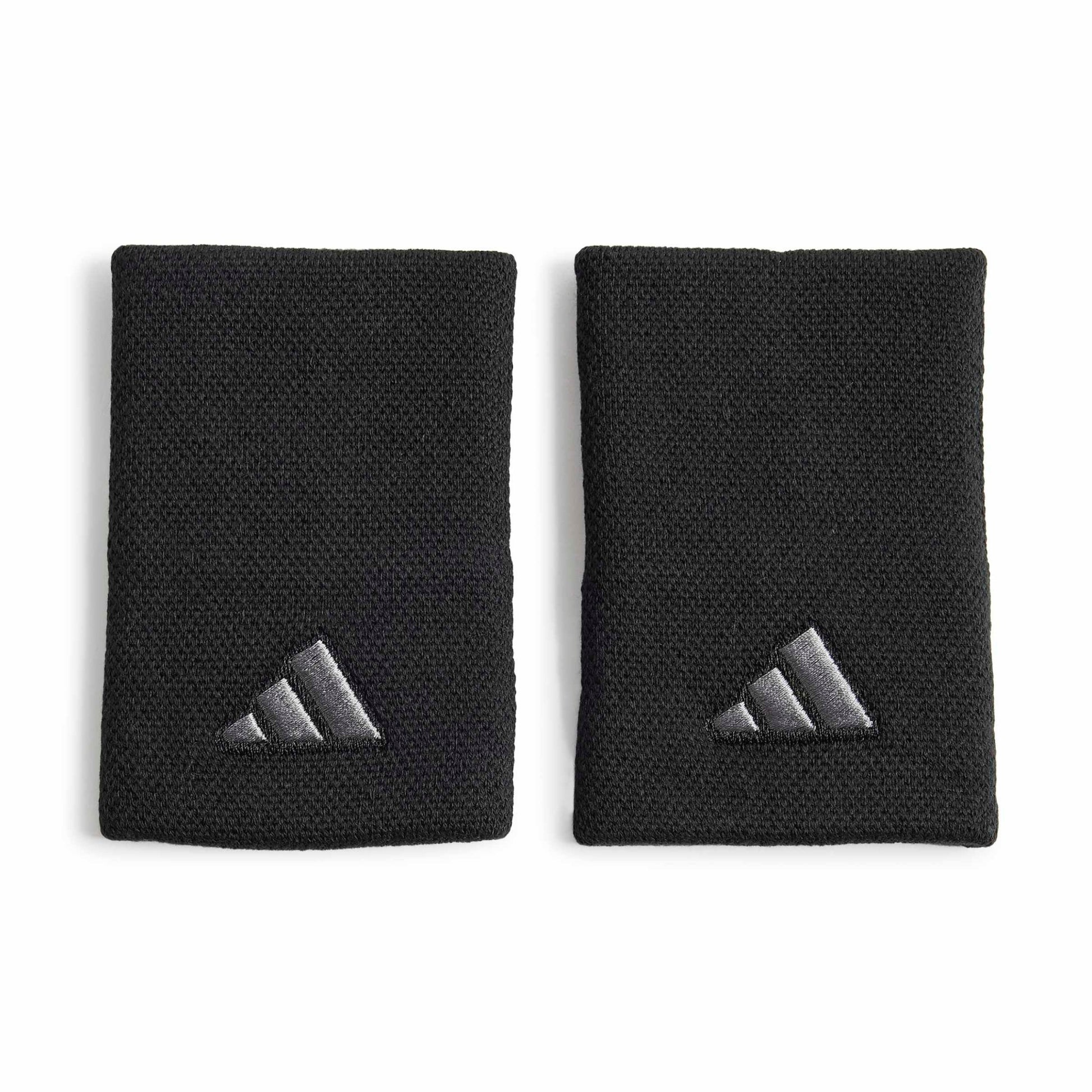 Black adidas wristbands with a silver logo on a white background