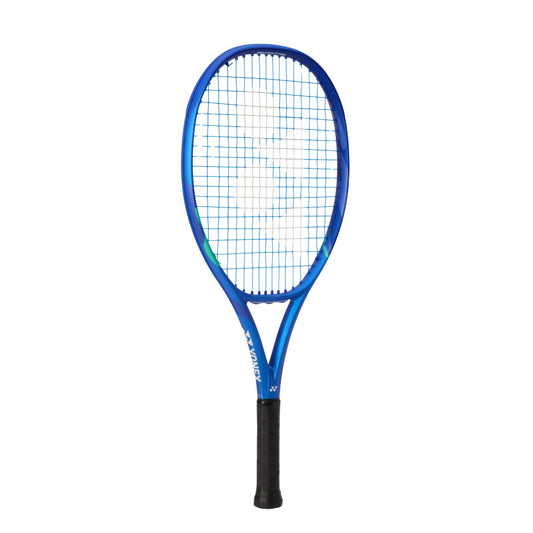 Blue Yonex tennis racket on a white background