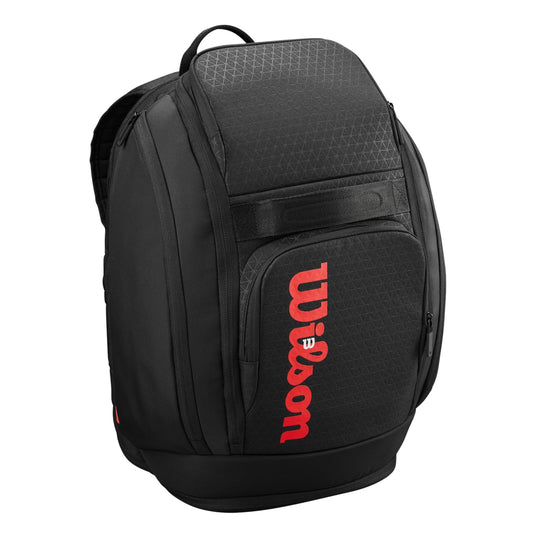 Black backpack with red Wilson logo on a white background