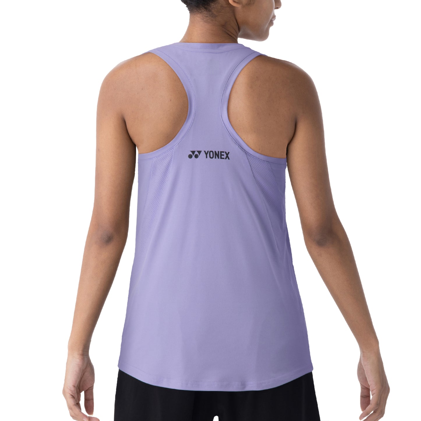 Person wearing a purple tank top with Yonex logo on the back