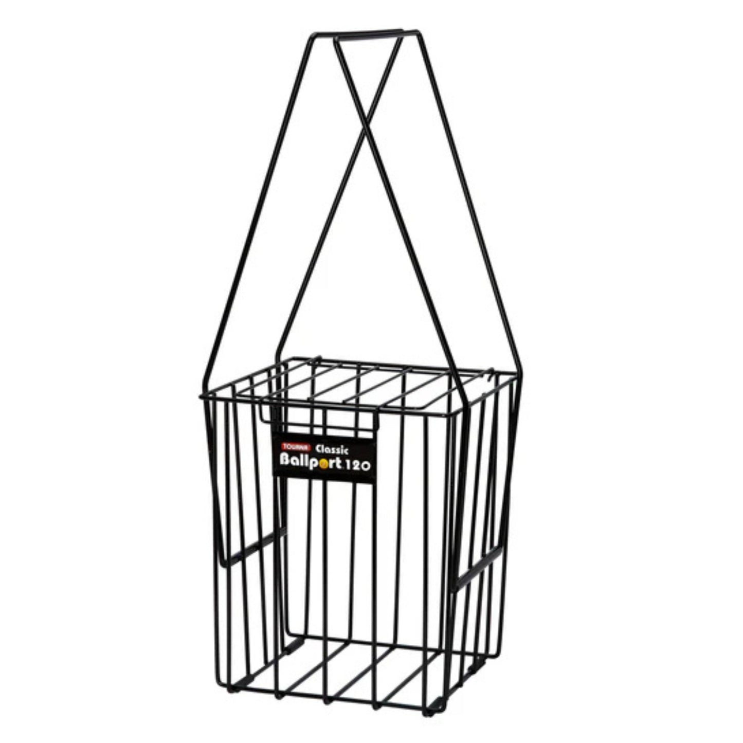 Black wire ball basker with a label on a white background