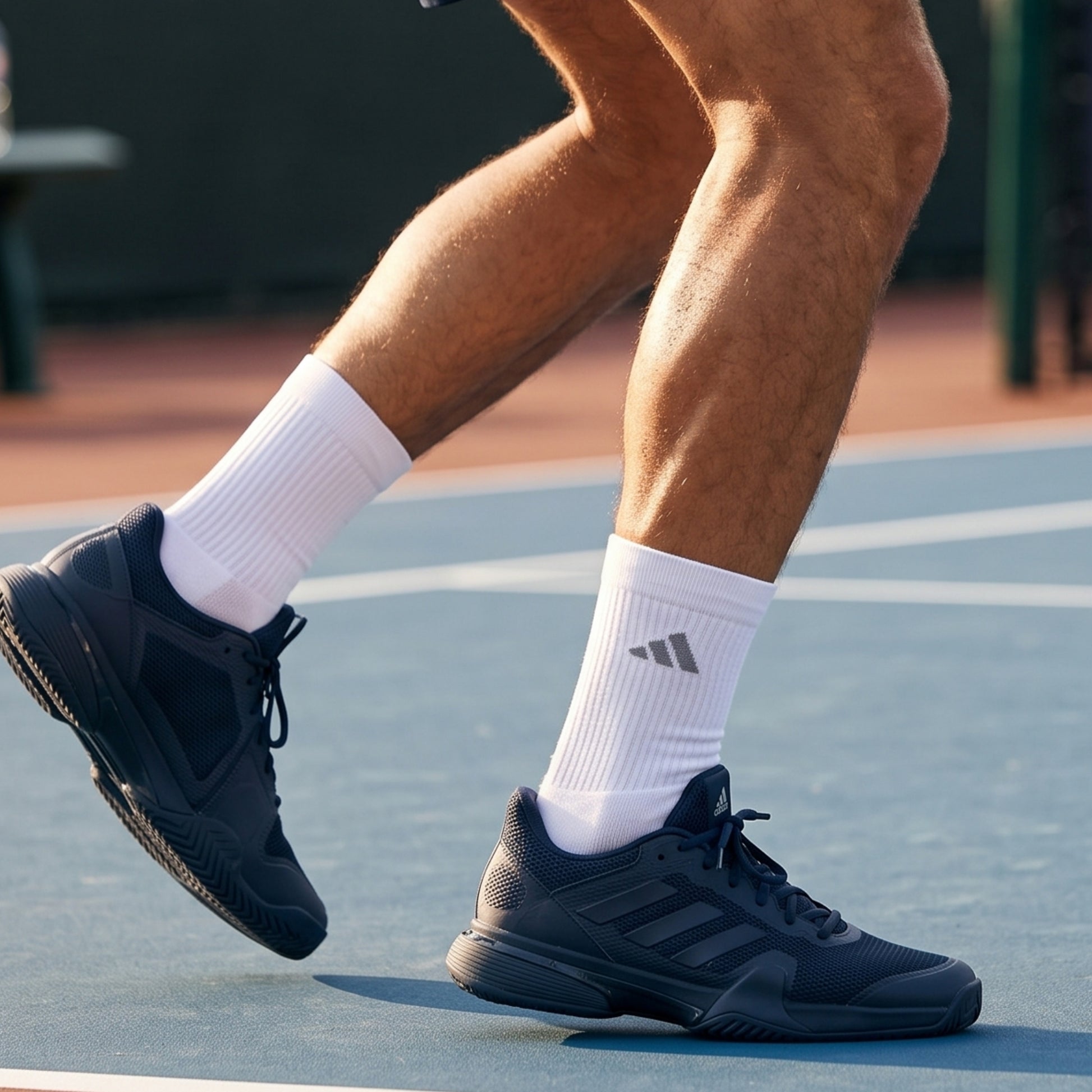 A close-up of a person's legs on a tennis court, wearing white athletic socks with a gray Adidas logo and dark navy tennis shoes.