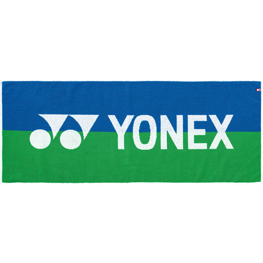 Yonex towel with blue and green stripes and logo on a white background