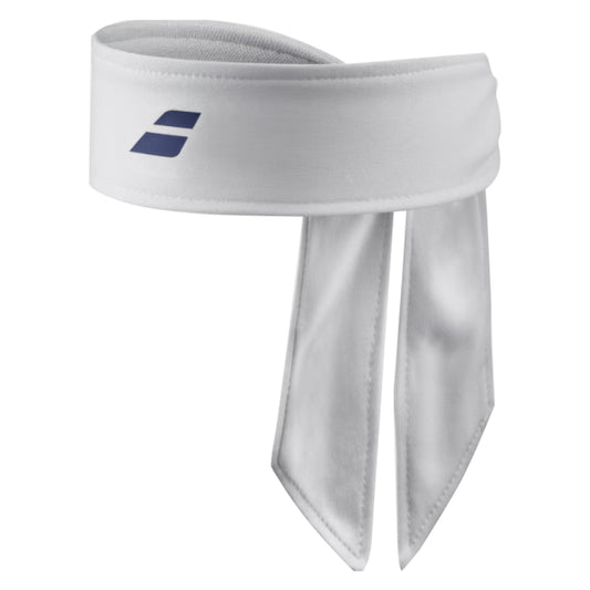 White Babolat headband with a blue logo on a white background